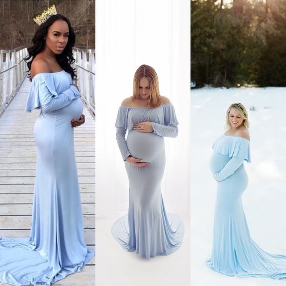 PinkBlush Light Blue Off Shoulder Ruffle Maternity Photoshoot Maxi Dress - Picture 5 of 14